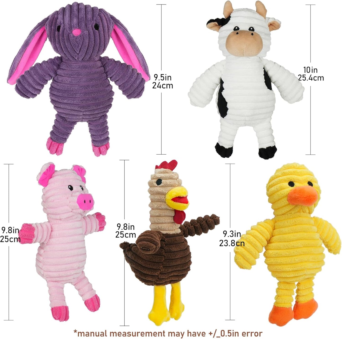 5-Pack Farm Animal Plush Squeaky Toys