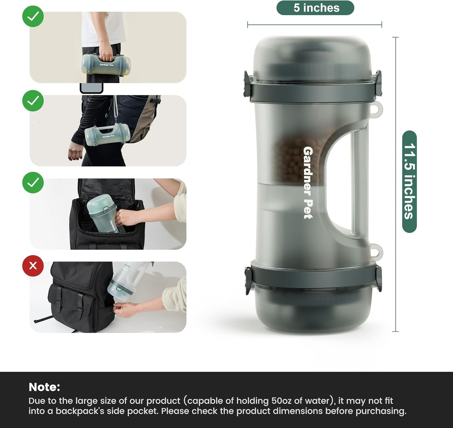 2-In-1 Portable Travel Water Bottle for Dogs with Food Container (Black)