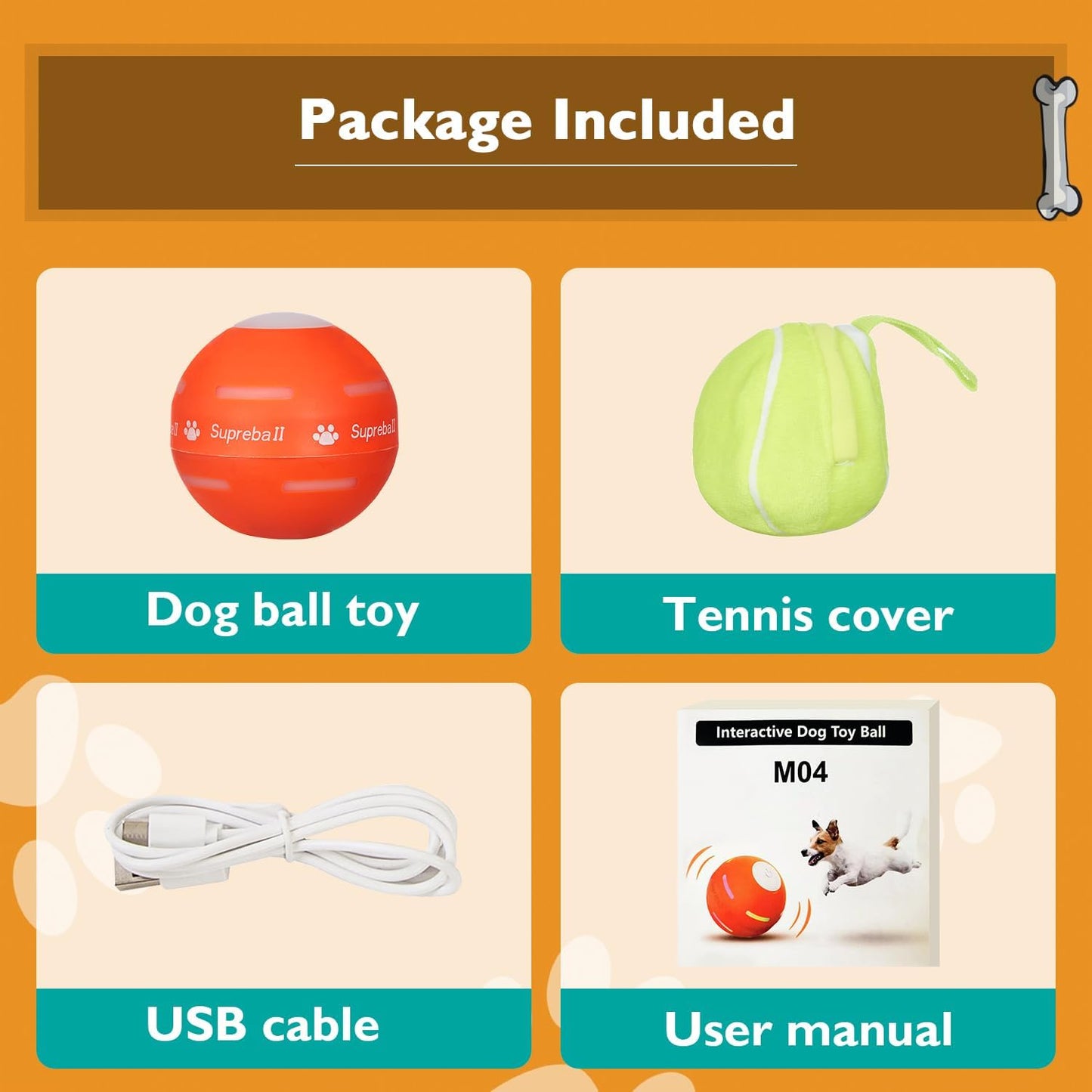 Interactive Motion Dog Ball – USB Rechargeable, Durable, Auto-Rolling Toy (Orange)