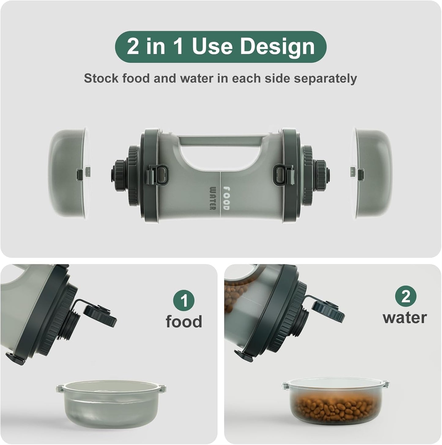 2-In-1 Portable Travel Water Bottle for Dogs with Food Container (Black)