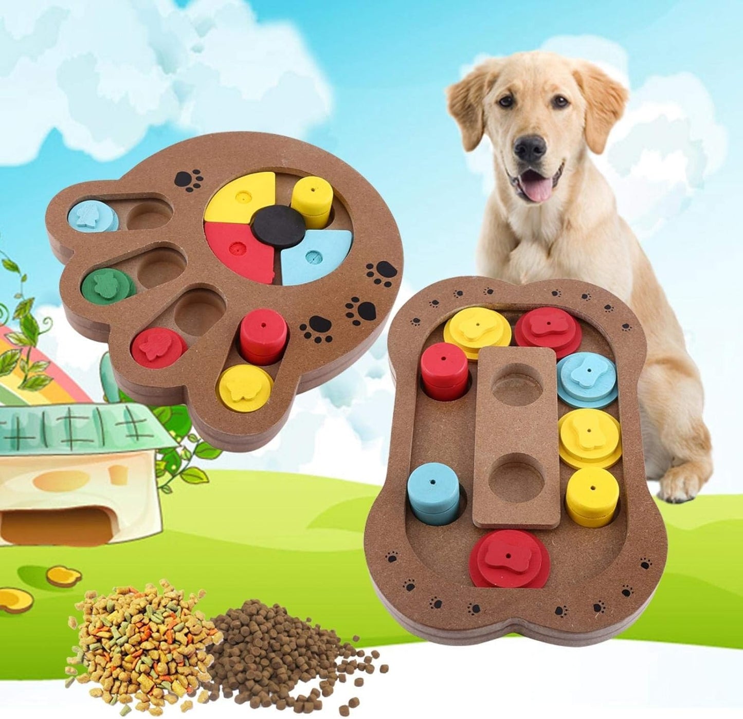 Wooden Dog Puzzle Toy Feeder (Paw Print Type)