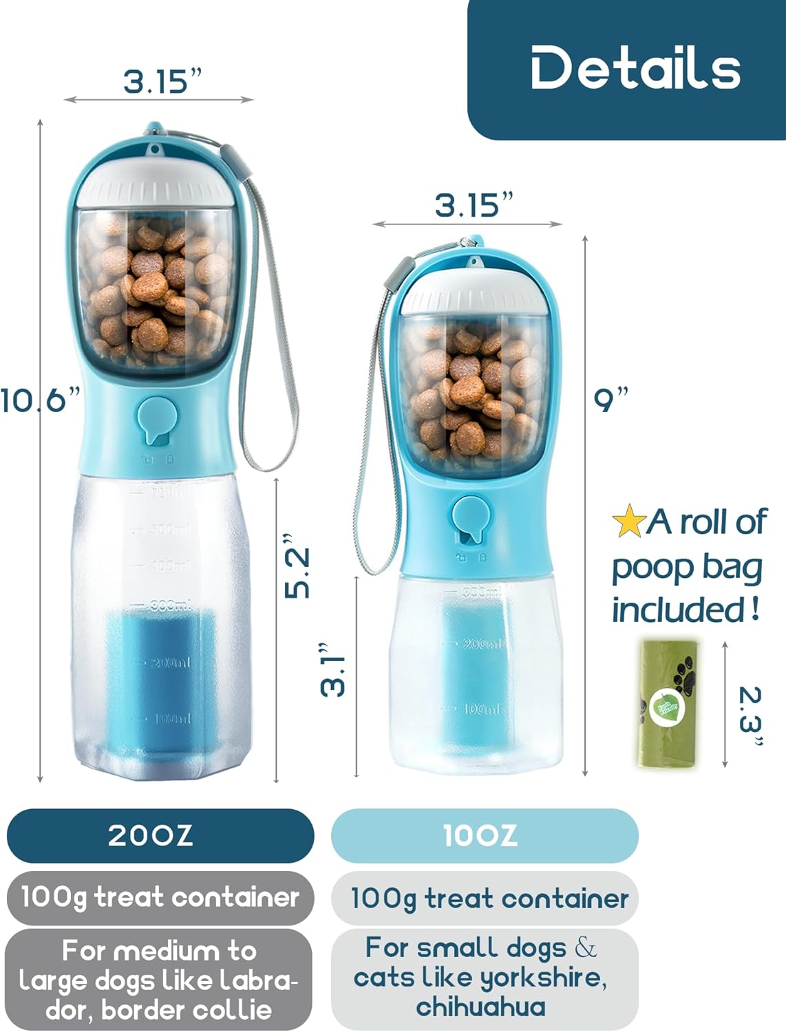 Portable Dog Water Bottle, 3-In-1 Travel Bowl with Food Container & Poop Bag Holder