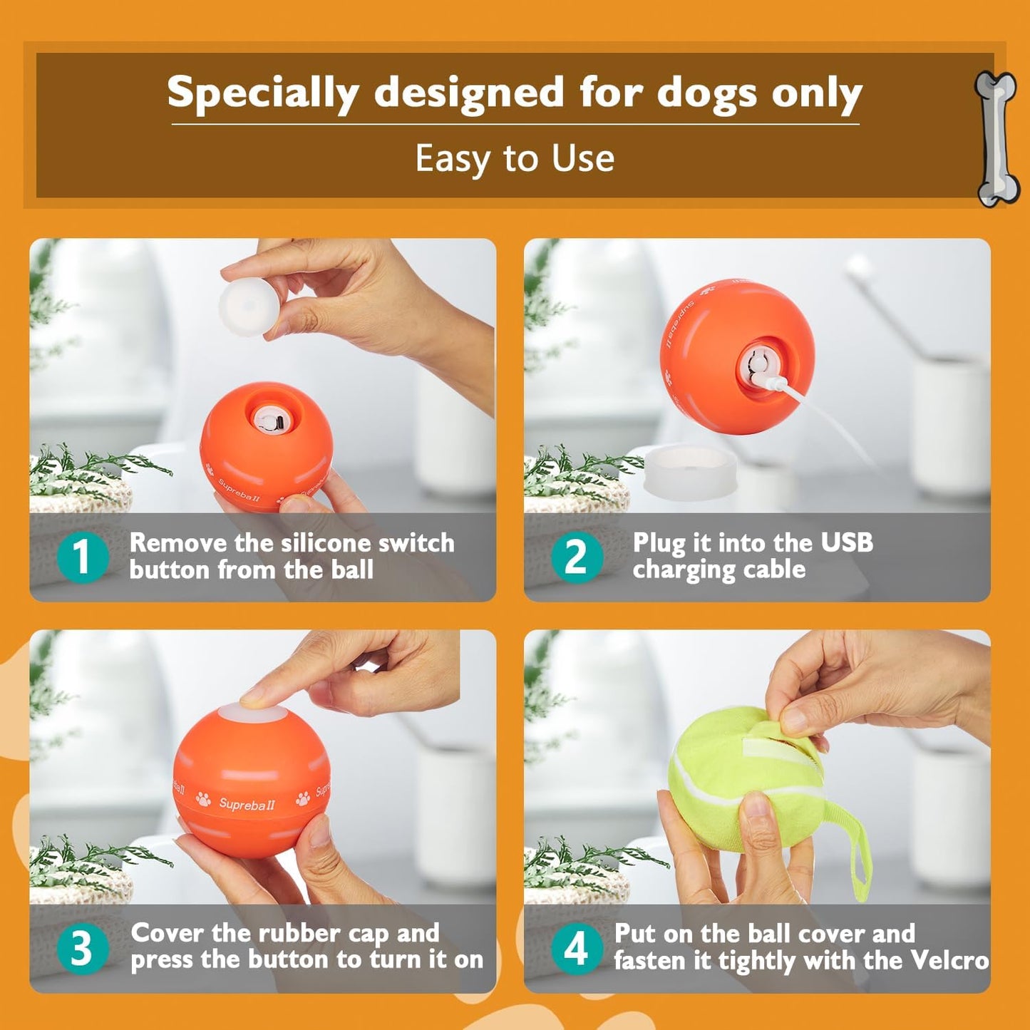Interactive Motion Dog Ball – USB Rechargeable, Durable, Auto-Rolling Toy (Orange)