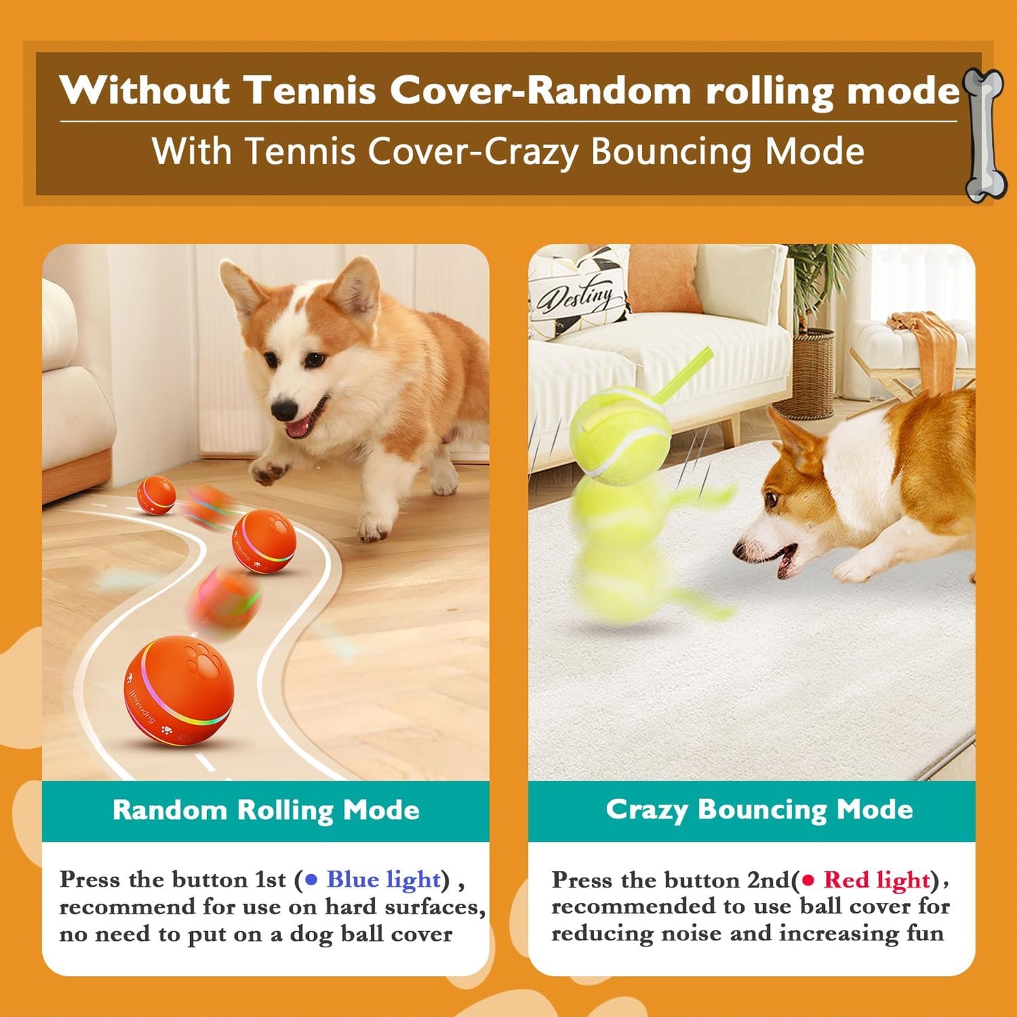 Interactive Motion Dog Ball – USB Rechargeable, Durable, Auto-Rolling Toy (Orange)