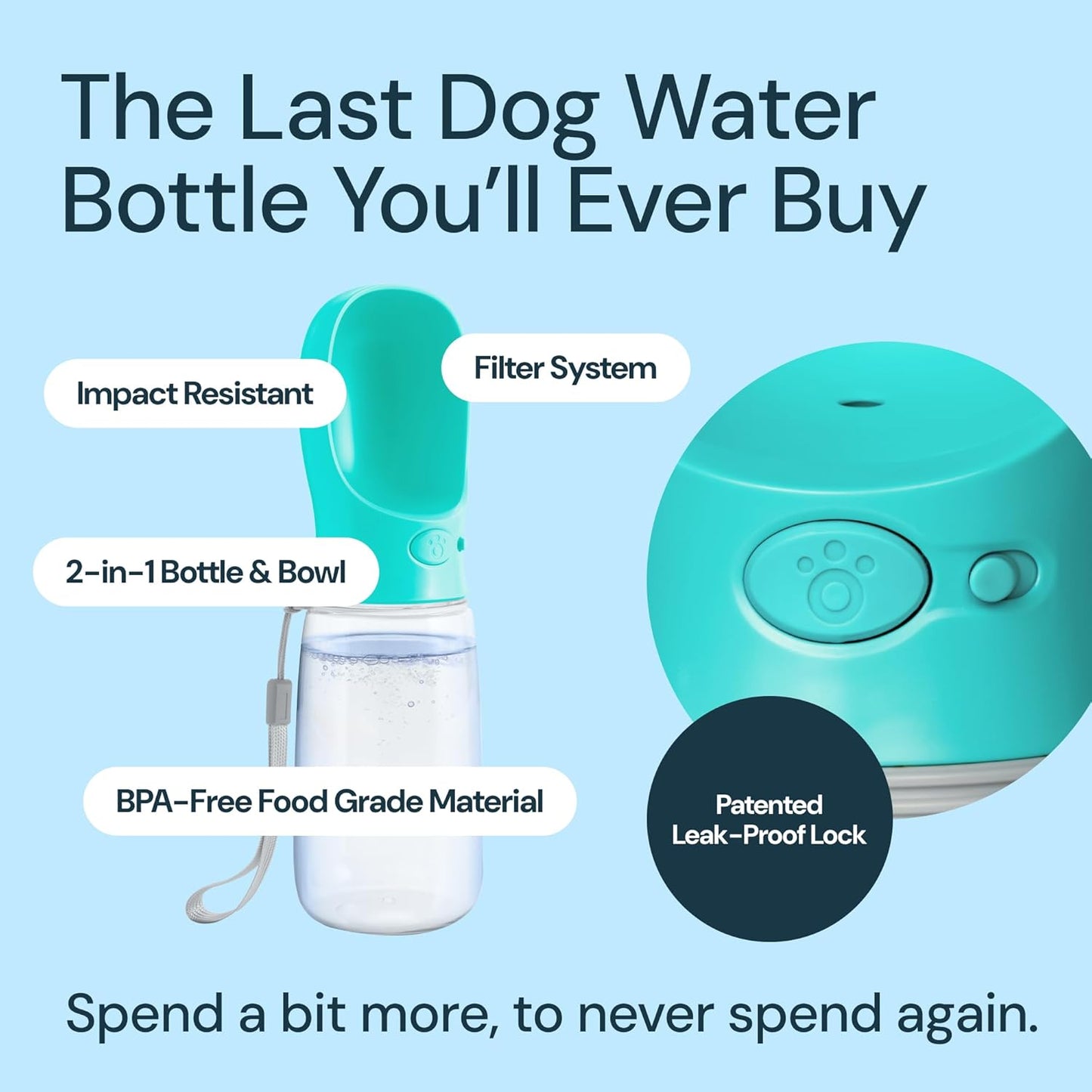 Leak Proof Portable Dog Water Bottle Dispenser with Bowl - 12 Oz, (Blue)