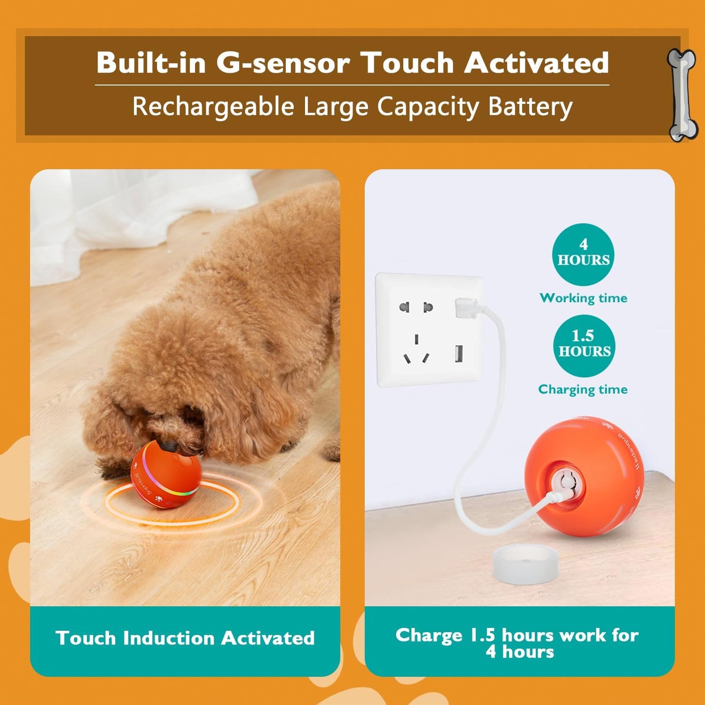 Interactive Motion Dog Ball – USB Rechargeable, Durable, Auto-Rolling Toy (Orange)