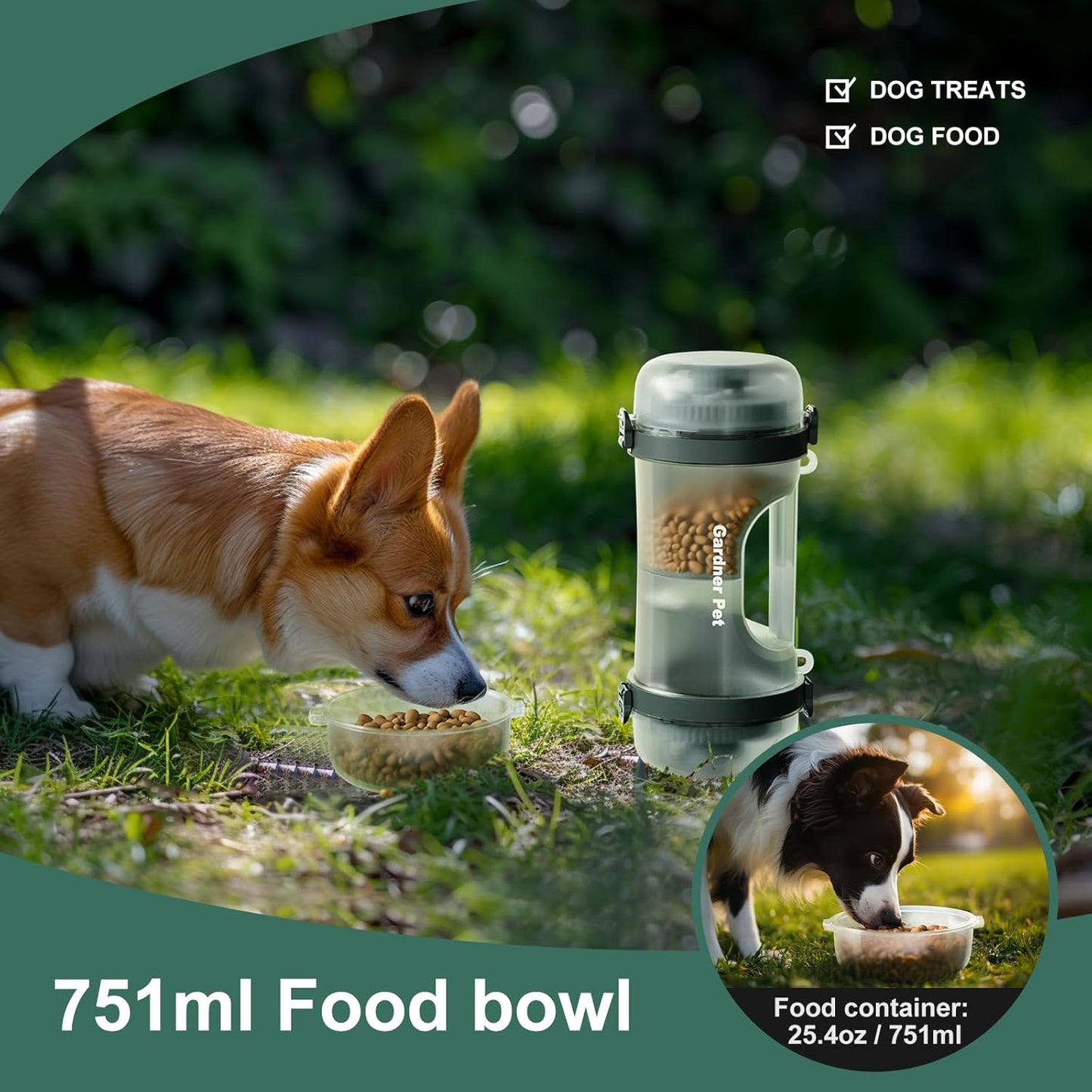 2-In-1 Portable Travel Water Bottle for Dogs with Food Container (Black)