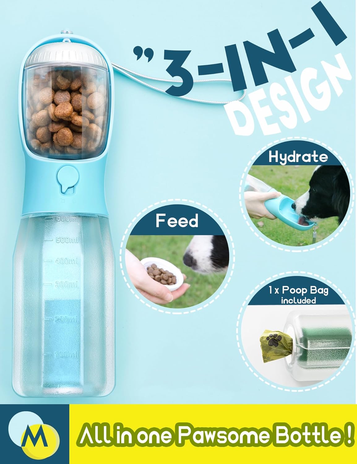 Portable Dog Water Bottle, 3-In-1 Travel Bowl with Food Container & Poop Bag Holder