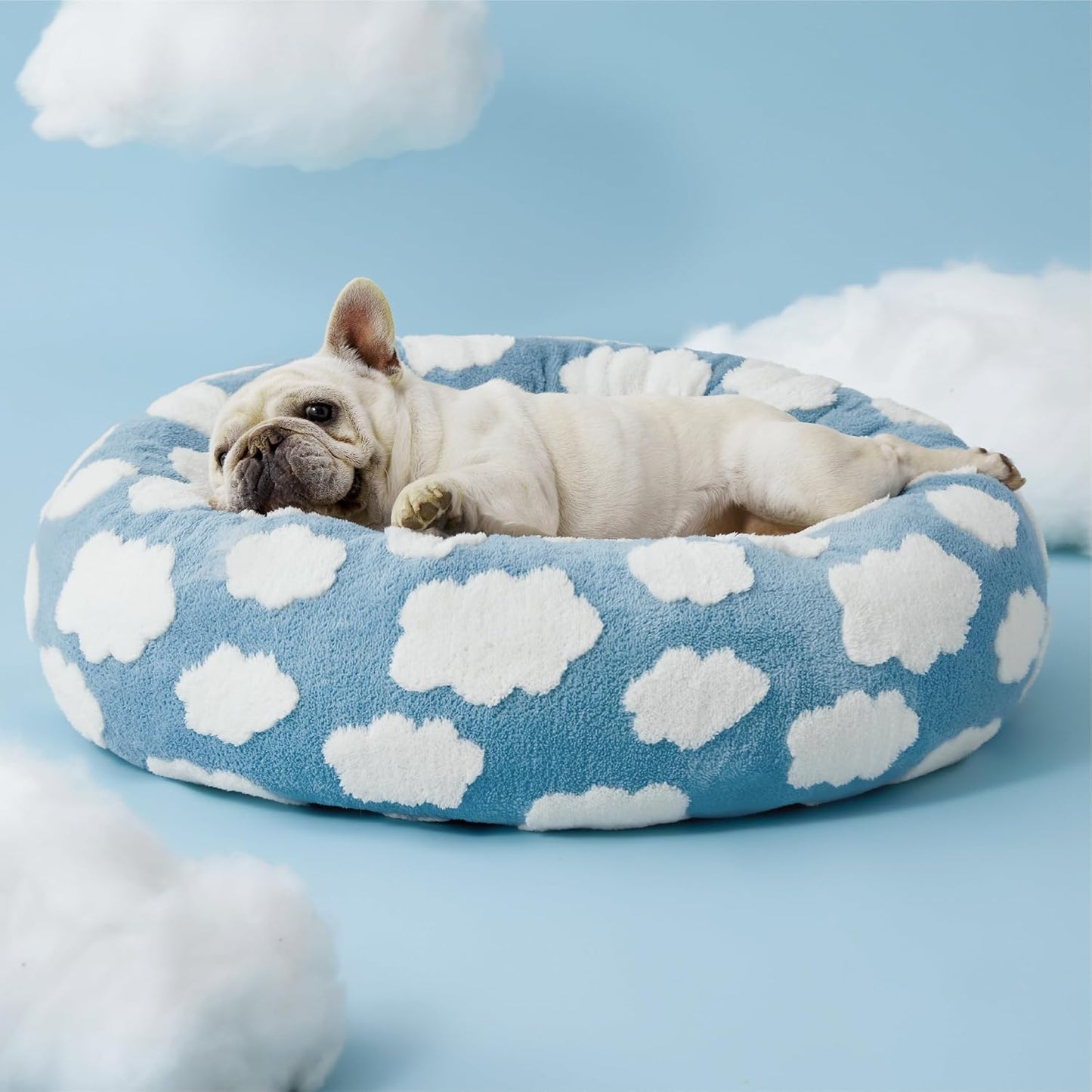 Donut Dog Bed with Jacquard Shaggy Plush & anti Slip Bottom (Blue)