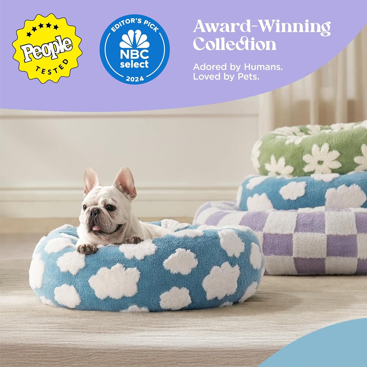 Donut Dog Bed with Jacquard Shaggy Plush & anti Slip Bottom (Blue)