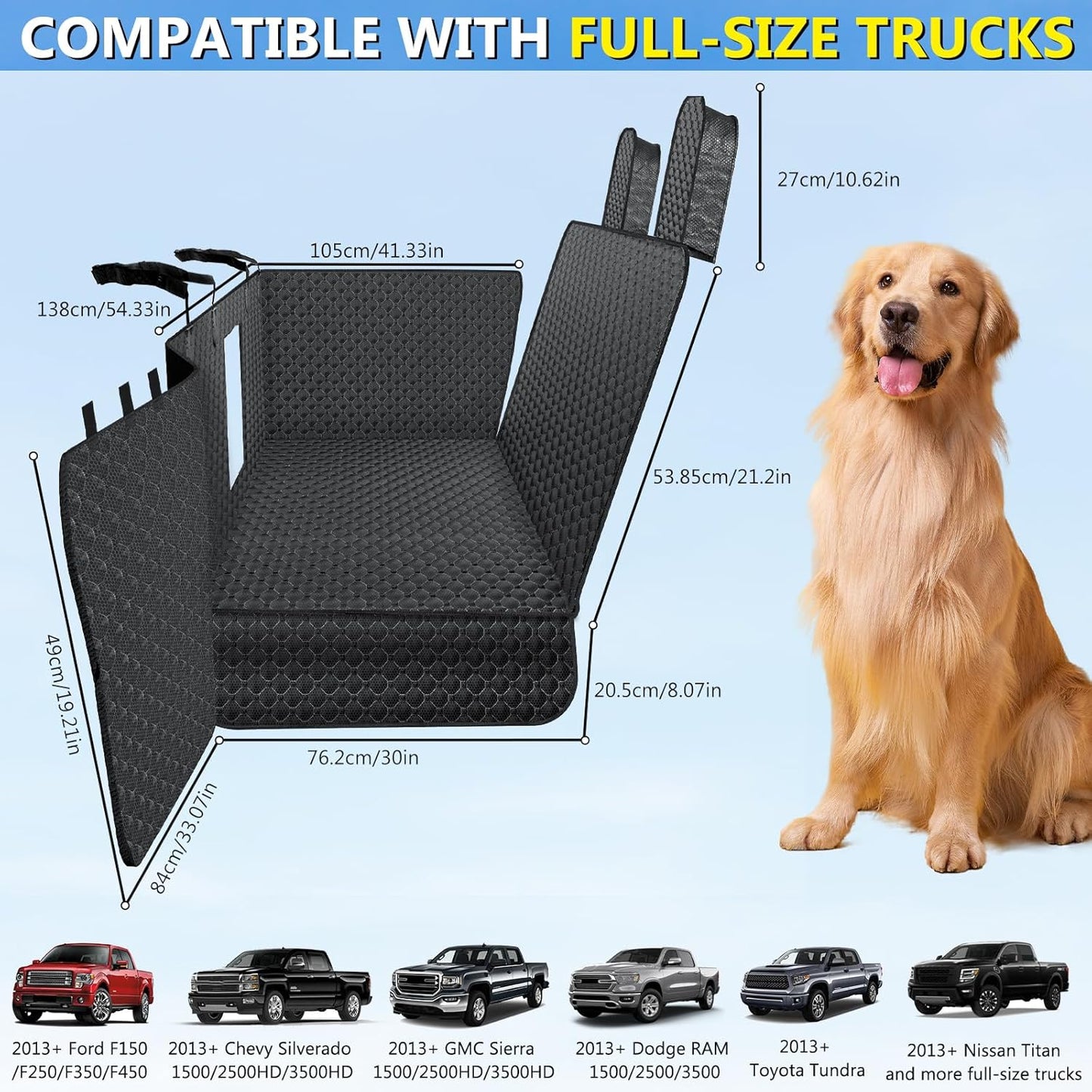 Truck Back Seat Extender for Dogs, Upgraded Waterproof Pet Seat Cover with Door Protection, Hard Bottom, Holds 400 Lbs, Dog Hammock for F150/Silverado 1500/Sierra 1500/RAM 1500/Tundra/Titan