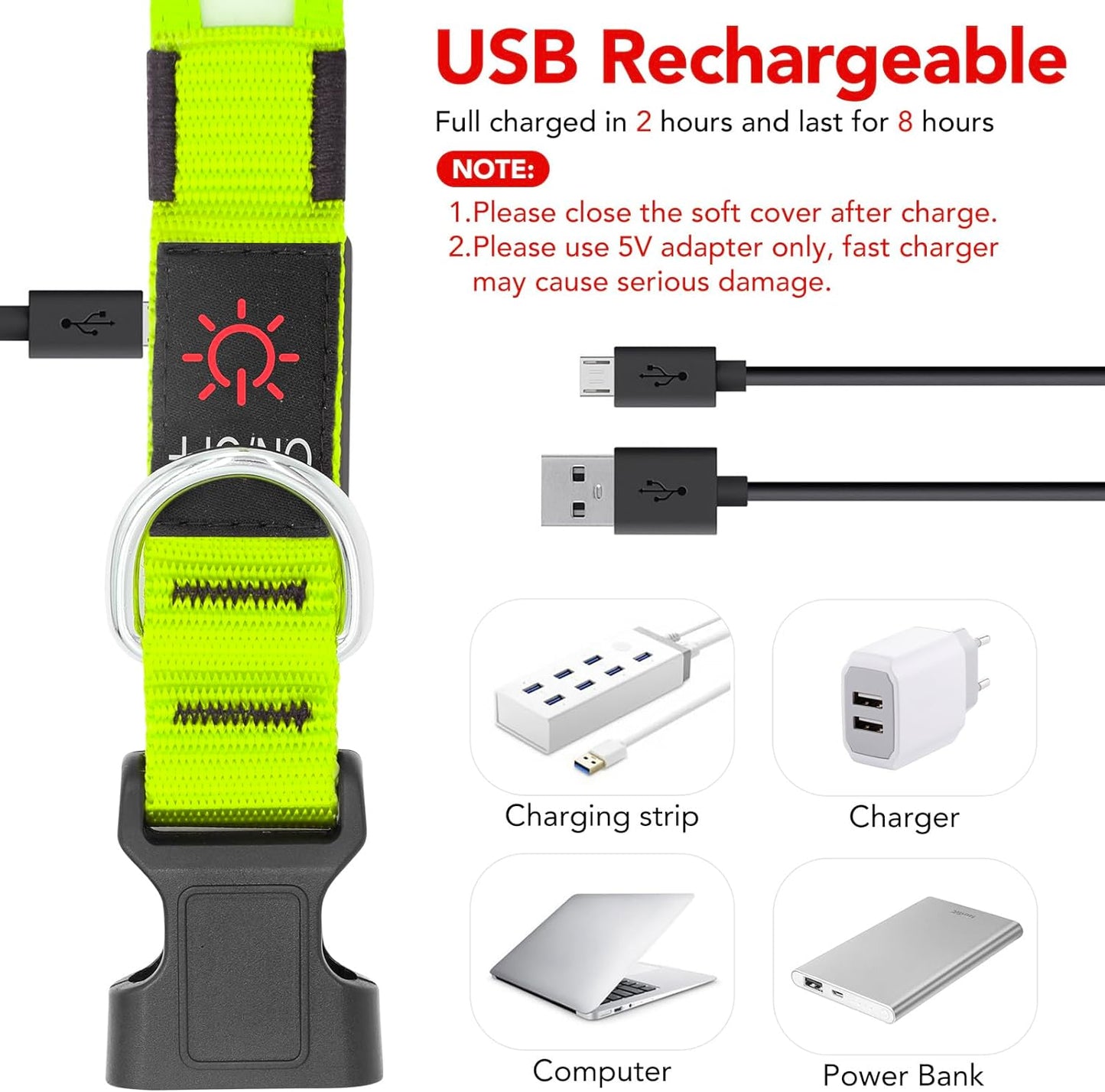 LED Dog Collar, Adjustable USB Rechargeable Super Bright Safety Light Glowing