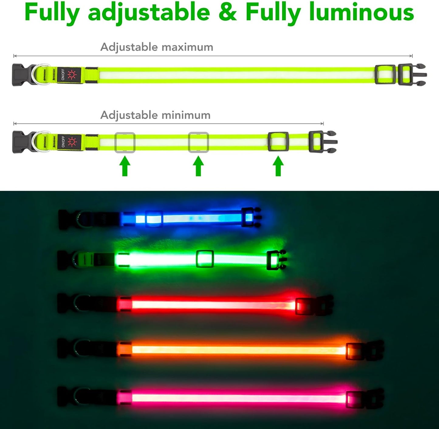 LED Dog Collar, Adjustable USB Rechargeable Super Bright Safety Light Glowing