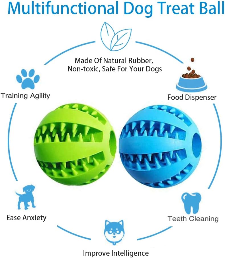 Dog Treat & Tooth Cleaning Toy Ball (1 Green+1 Blue) 2.8" Pack of 2