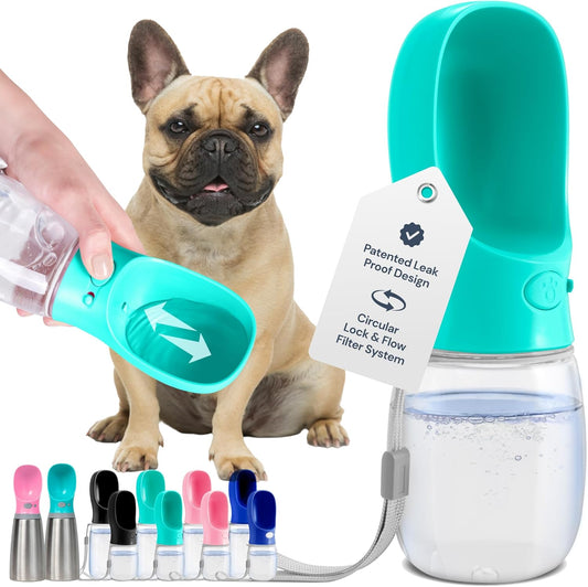Leak Proof Portable Dog Water Bottle Dispenser with Bowl - 12 Oz, (Blue)
