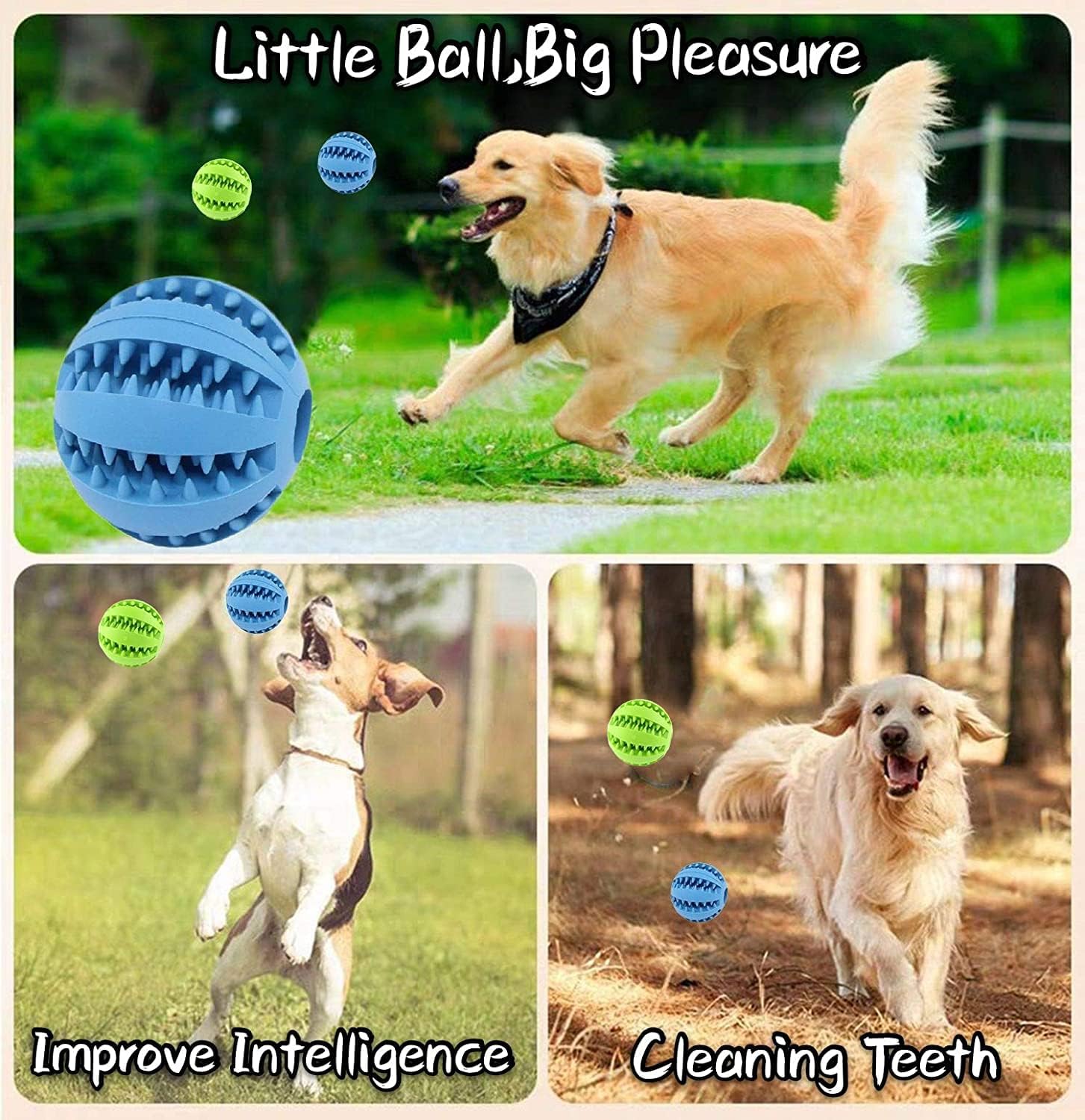 Dog Treat & Tooth Cleaning Toy Ball (1 Green+1 Blue) 2.8" Pack of 2