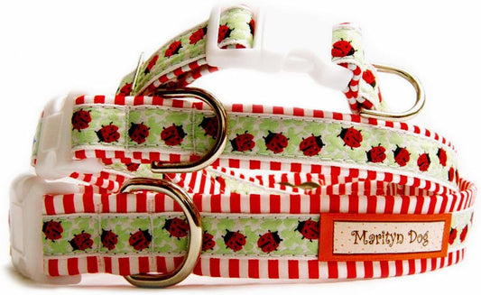 Durable Dog Collar : Happy Ladybugs on Clover Ribbon on Stripe Cotton Fabric Pet Collar. for Large Dogs to Extra Large Dogs. Matching Dog Leash and Step in Dog Harness Are Available. Handcrafted and Made in the USA.